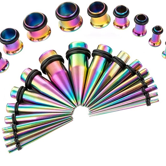 NEW Gauge Earrings Rainbow Steel 2 Tapers 2 Plugs - Picture 2 of 6